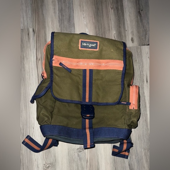 Life is Good Canvas Green Blue Peach Flap Closure Backpack Bag - Picture 1 of 10